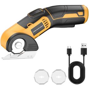 Cordless Electric Scissors, Electric Cardboard Cutter, Rechargable Box Cutter with Safety Lock, 4V Carpet Cutter for Fabric, Rotary Scissors with 2 Replacement Blades for Cutting, Sewing, Crafting