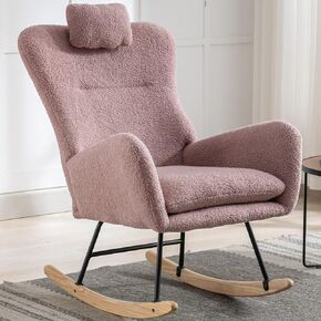 Rocking Chair Nursery with Pocket Teddy Upholstered Glider Rocker with High Backrest, Safe Solid Wood Base Comfy Reading Chair Armchair Comfy Side Chair for Living Room Bedroom Offices Balcony, Pink in Saudi Arabia