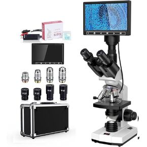 Microscope for Adults with 40X-2500X Magnification, Lab Trinocular Compound Microscope with Thermostat Stage, 7'' LCD Screen, Built-in 5MP Camera for Lab School