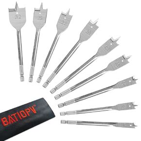 9-Piece Spade Drill Bit Set, Alloy Steel Flat Bits for Woodworking (3/8" to 1-1/4"), Quick Change Shank, Nylon Storage Pouch Included