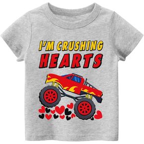 Tkria Boys Girls Valentine Day Shirts Short Sleeve Monster Truck Excavator Flamingos XOXO Love Heart Tops for Kids 2-10T in Kuwait