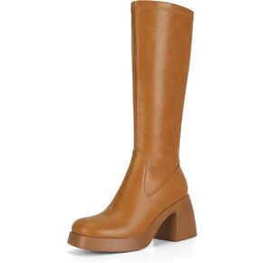 Dsevht Dark Red Leather Knee High Boots for Women Platform Chunky Block Heeled Burgundy Boots Square Toe and Side Zipper Design Fashion Dress 70s Gogo Boots