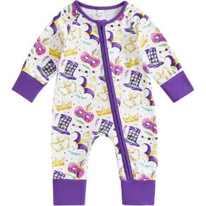 Lamuusaa Newborn Baby Girl Boy Mardi Gras Outfit Long Sleeve Mask Crown Romper Zipper Bodysuit One Piece Jumpsuit