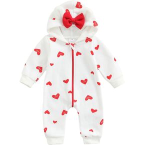 Newborn Baby Girl Hooded Jumpsuit Heart Cow Zip Up Long Sleeve Infant One Piece Romper Snowsuit Valentines Outfit