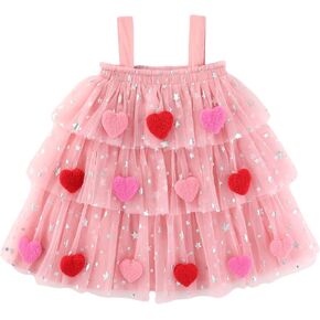 Toddler Girl Valentine's Day Outfits Love Heart Sleeveless Sling Ruffle Layered Dress Tulle Tutu Princess Dresses