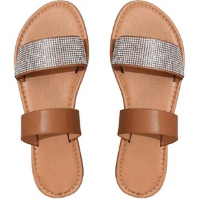 Women's Glitter Rhinestone Two Strap Flat Sandals Leather Open Toe Slide Sandal