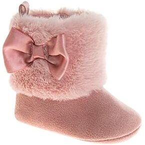 Josmo Infant Girls Booties Faux Fur Baby Shoes with Bow and Pom Poms, Soft and Warm Crib Boots for Newborns (Size 2-4 Infant)