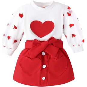 XFGLCK Toddler Baby Girls Valentine's Day Outfits Lace Puffed Sleeve Heart Print Sweatshirt with Red Skirt +Belt Set