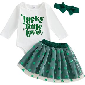 Adobabirl Baby Girl St. Patricks Day Outfit Newborn Lucky Romper Clover Layered Tulle Skirts Headband Set Irish Baby Clothes