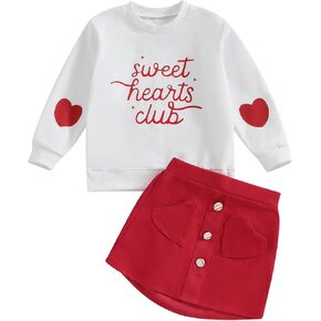 Kids Toddler Baby Girl Valentine's Day Outfit Lace Long Sleeve Heart Sweatshirt Top with Red Belted Skirt Set