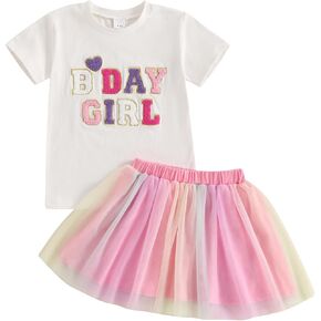 Kayotuas Toddler Baby Girl Birthday Outfit Birthday Girl T Shirt Tutu Tulle Skirt Set Kids Birthday Dresses Clothes for Girls