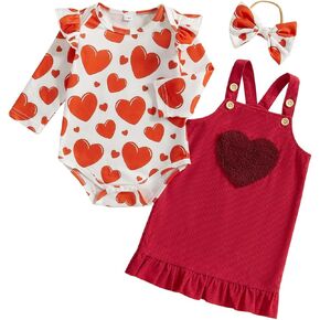 Karuedoo Newborn Baby Girl Valentines Day Outfit Ruffle Long Sleeve Romper Corduroy Suspender Skirt Overall Dress Set