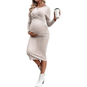 Oyoangle Women's Paternity Twist Front Crew Neck Long Sleeve Dress Frick Bodycon Midi Dresses