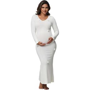 JustVH Women's Knit Maternity Dress Long Sleeve Floral Photography Pregnancy Dresses for Photoshoot Baby Shower