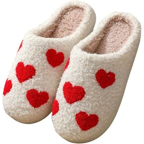 Cute Heart Slippers for Women Men,White Soft Curly Indoor Slippers,Polar Fleece Lined,Cozy House Indoor Outdoor Shoes
