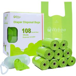 Disposable Diaper Bags for Baby, 9 Refill Rolls/108 Bags，OXO-Biodegradable Diaper Sacks with Dispenser,Easy-Tie Handles,Large Dirty Diaper Disposal or Pet Waste Bags