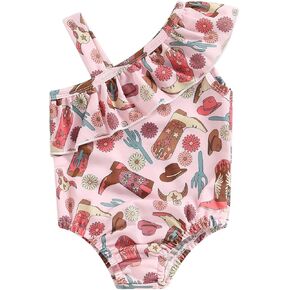 Western Toddler Baby Girl Swimsuit Cow Print Swimwear Ruffle One Piece Bathing Suit Cute Cowgirl Set