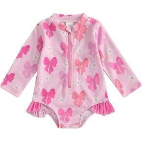 Toddler Baby Girl Swimsuit Bow Floral Zipper Beach Bathing Suit Long Sleeve Rash Guard One Piece Summer Swimwear