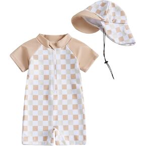 Toddler Baby Boy Girl Rash Guard Swimsuit One Piece Checkerboard Short Sleeve Zipper Swimwear Bathing Suit with Hat