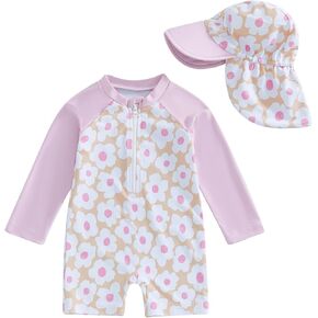 Infant Baby Boy Girl Swimsuit One Piece Long Sleeve Zipper Bathing Suit Toddler Rash Guard Kids Swimwear with Hat