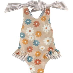 Toddler Girls Strap One Piece Swimsuit Floral Sleeveless Backless Bathing Suit Ruffles Bowknot Swimwear Summer Beach Wear