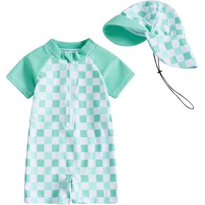 Toddler Baby Boy Girl Rash Guard Swimsuit One Piece Checkerboard Short Sleeve Zipper Swimwear Bathing Suit with Hat
