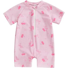 Toddler Baby Girl Boy Swimsuit Infant Zip Up Short Sleeve One Piece Swimwear Rash Guard Bathing Suit Sun Protection