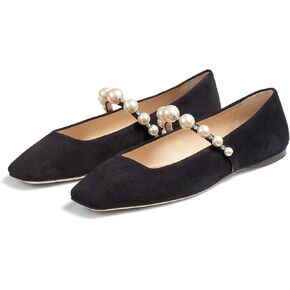 MIRAAZZURRA Mary Jane Flats for Women Ballet Flats Square Toe Pearl Strap Retro Dress Shoes