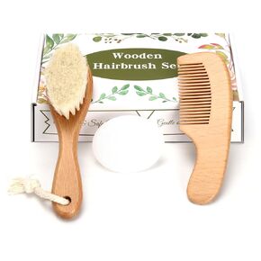 Baby Hair Brush, 2PCS Wooden Goat Bristles Hair Brush with Silicone Hair Scrubber Cradle Cap Brush for Newborn, Toddler, Boys, Girls Perfect Scalp Grooming Product (Green)