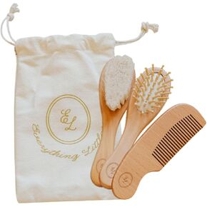 Wooden Baby Brush Set - 3 Pack | Massage Brush, Soft Goat Hair Cradle Cap Brush & Sturdy Wooden Comb for Tangle-Free Baby Hair Grooming | Pull-Free, Gentle on Baby’s Scalp