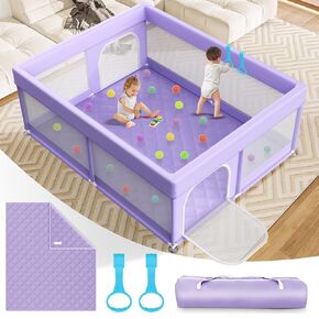 Baby Playpen with Mat 79x71Inch: Extra Large Play Pens for Babies and Toddlers Indoor Safety Baby Fence with Soft Breathable Mesh - All-Wrapped Sponge Sturdy Play Yard with Handle & Bag Purple