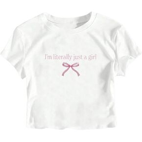 Girl's Summer Graphic Tees Letter Bow Print Short Sleeve Crewneck Cute Crop Tops for Teen Girls