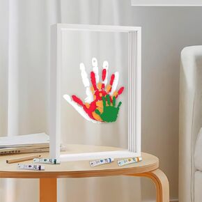 2 Set of Family Handprint Kit, Baby Handprint and Footprint Kit Frame with 6 Colors, Non-Toxic DIY Art Handprint Wooden Frame, Handprint Frame Family Gifts for New Parents(White)