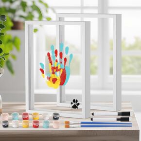 OMISTAR 2 Pack Family Handprint Kit, DIY Baby Hand and Footprint Kit for Family of 4, 12 x 8 inch Pet Paw Printing Kit Keepsake Wooden Frame, 8 Clear Sheets 6 Non-Toxic Paints