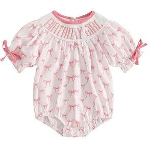 Lamuusaa Toddler Baby Girl Birthday Outfit Smocked Birthday Girl Embroidery Romper Bow Print Bodysuit Summer Outfit