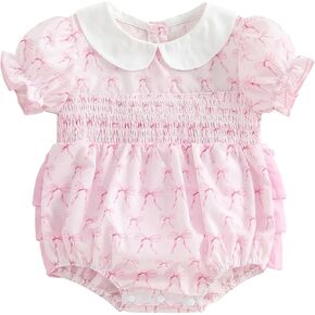 Newborn Baby Girl Romper Bow Embroidery Peter Pan Collar Short Sleeve Bubble Bodysuit Summer Clothes