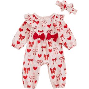 Dcohmch Infant Baby Girl Valentine's Day Outfit Heart Print Romper Long Sleeve Ruffled Jumpsuit Headband Newborn Clothes