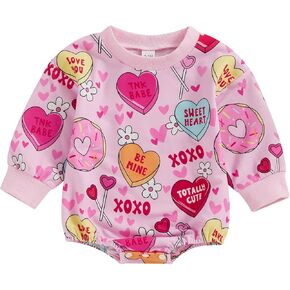 Lamuusaa Newborn Baby Girl Valentines Day Outfit Long Sleeve Heart Romper Bodysuit Oversized Sweatshirt Shirts 0-18M