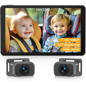 Baby Car Camera for 2 Kids - 7-Inch Split-Screen Monitor, Dual HD 1080P Cameras, Night Vision, 360° Rotatable, Easy Install Backseat Camera for Safety & Convenience - Perfect for Twins or Siblings