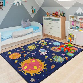 Blue Astronaut Area Rug Galaxy Rugs for Kids Bedroom, Soft 7 x 5 ft Area Rug Non-Slip Educational Nursery Rug, Solar System Kids Room Rug for Classroom Playroom Bedroom Kids Room Decor
