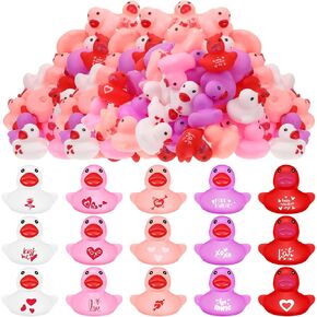 Junkin 100 Pcs Valentine Mini Rubber Ducks 1.57 Inch Small Rubber Ducks in Bulk Festive Rubber Ducks Heart for Birthday Party Favors Bathtub Classroom Exchange Prizes