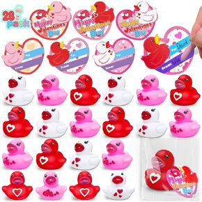AMENON 28 Pack Valentines Rubber Ducks Valentines Gifts for Kids Toddlers Bath Squeeze Toys with Cards Classroom School Exchange Gifts Prizes Party Favor Birthday Goodie Bag Pool Bathtub Toys