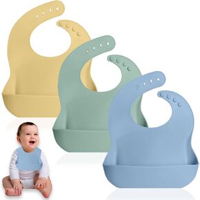 Set of 3 Waterproof Silicone Baby Bibs - BPA Free Silicone Baby Bib - Flexible and Soft