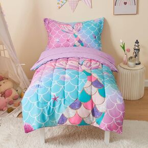 Mermaid Tail Toddler Bedding Set Crib Bedding Set for Girls 4 Pieces with Toddler Comforter, Toddler Bed Sheets, Pillowcase, Purple Blue Gradient