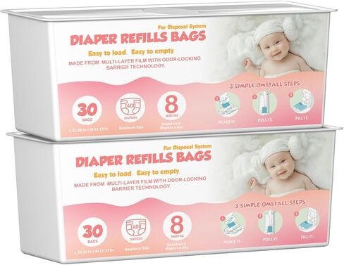 حفاضات PAIL EASY ROLL ROLL أكياس مع 30 كيس متوافقة مع جني سهلة المميزة لفة فيلز ، تقنية برائحة 7 طبقات ، تستمر حتى 8 أشهر ، 60 كيس (حزمة 2) in Kuwait