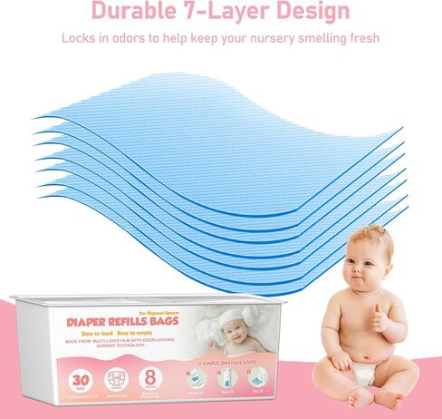 حفاضات PAIL EASY ROLL ROLL أكياس مع 30 كيس متوافقة مع جني سهلة المميزة لفة فيلز ، تقنية برائحة 7 طبقات ، تستمر حتى 8 أشهر ، 60 كيس (حزمة 2) in Kuwait