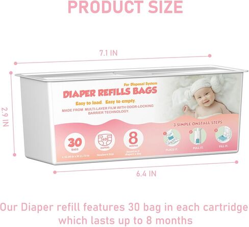 حفاضات PAIL EASY ROLL ROLL أكياس مع 30 كيس متوافقة مع جني سهلة المميزة لفة فيلز ، تقنية برائحة 7 طبقات ، تستمر حتى 8 أشهر ، 60 كيس (حزمة 2) in Kuwait