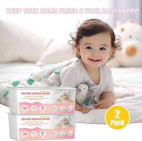 حفاضات PAIL EASY ROLL ROLL أكياس مع 30 كيس متوافقة مع جني سهلة المميزة لفة فيلز ، تقنية برائحة 7 طبقات ، تستمر حتى 8 أشهر ، 60 كيس (حزمة 2) in Kuwait