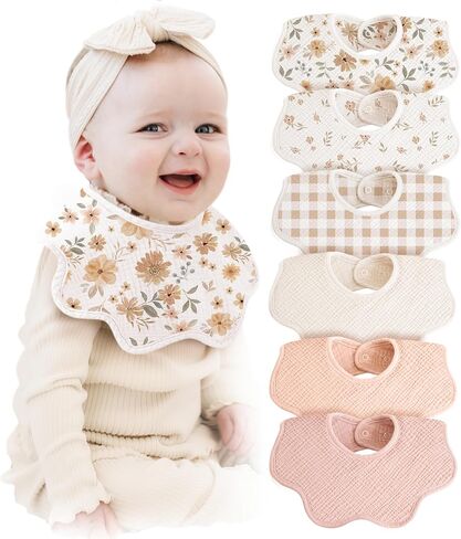 Konssy 6-Pack Muslin Baby Bandana Bibs, Drool Bibs for Girls & Boys | 100% Cotton, Soft & Absorbent, Ideal for Teething & Drooling, from Newborn to Toddler, Ages 0-36 Months in Saudi Arabia