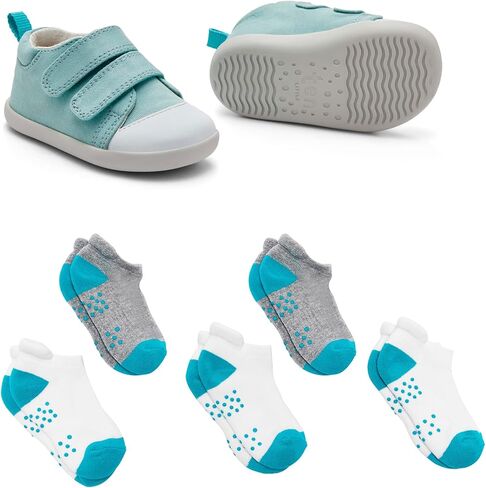Ten Little First Walker Kids’ Shoes & Ankle Socks Bundle for Baby & Toddler Boys & Girls, Ocean Blue Shoe Size 6, Ankle Socks with Non-Skid Grips 5 Pk in Kuwait